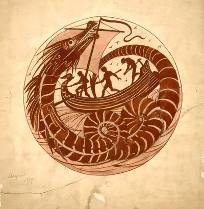 Design for a Dish Using a Sea Dragon and Boat, 1879 by William de Morgan